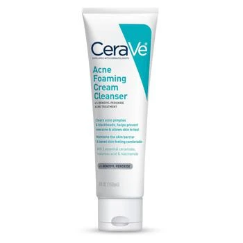 CeraVe | CeraVe Acne Foaming Cream Cleanser, Acne Treatment Face Wash with 4% Benzoyl Peroxide and Niacinamide 5 fl. oz 