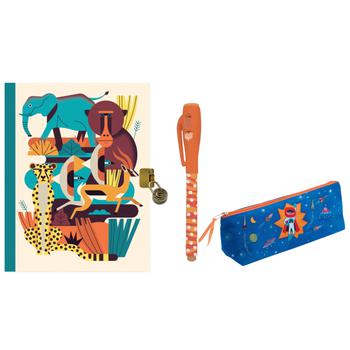 商品Djeco | Savanna animals invisible ink pen diary and spaceman print pencil case in blue set,商家BAMBINIFASHION,价格¥823图片