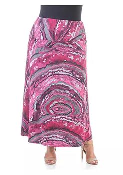 推荐24seven Comfort Apparel Pink Print Elastic Waist Ankle Length Plus Size Maxi Skirt商品