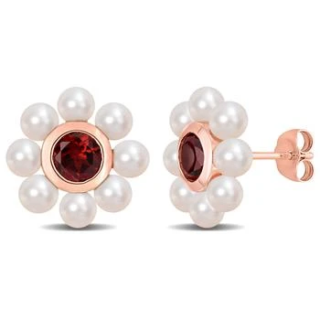 Mimi & Max | 3.5-4mm Freshwater Cultured Pearl and 1 1/5 CT TGW Garnet Floral Stud Earrings in 10k Rose Gold 5.9折, 独家减免邮费