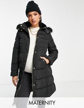 推荐New Look Maternity waisted puffer coat with faux fur hood in black商品