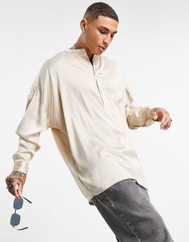 ASOS | ASOS DESIGN oversized overhead satin shirt with grandad collar in champagne商品图片,6折×额外9.5折, 额外九五折