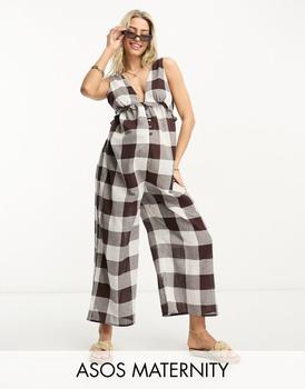 商品ASOS | ASOS DESIGN Maternity tiered crinkle frill jumpsuit in brown gingham,商家ASOS,价格¥353图片