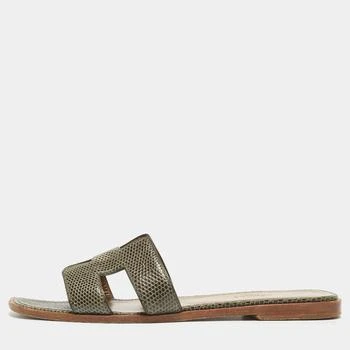 Hermes | Hermes Green Lizard Leather Oran Flat Slides Size 38 8.5折