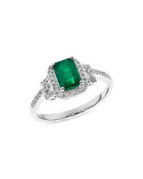商品Emerald & Diamond Halo Ring in 14K White Gold - 100% Exclusive图片