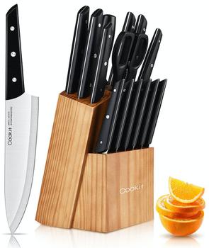 商品Cookit 15-Piece ABS Handle Kitchen Chef Knives Set With Pine Block Holder And Manual Sharpener图片