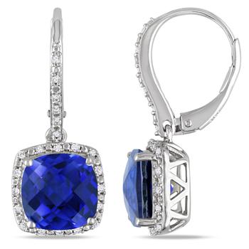商品6 1/2 CT TGW Created Blue Sapphire and 1/5 CT TW Diamond Leverback Halo Earrings in Sterling Silver图片