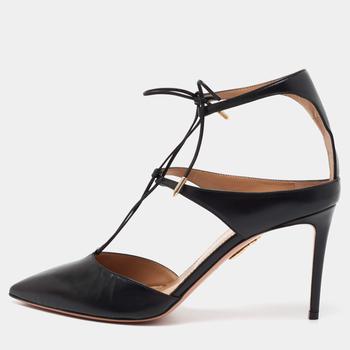 Aquazzura | Aquazzura Black Leather Manhattan Ankle Wrap Pumps Size 42商品图片,6.2折