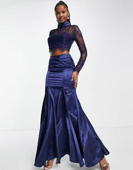 推荐Goddiva lace and satin fishtail prom two piece in navy商品