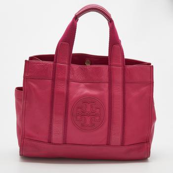 汤丽柏琦托特包, Tory Burch | Tory Burch Pink Leather Logo Embossed Shopper Tote商品图片 