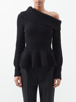 Alexander McQueen | Off-the-shoulder rib-knit cashmere-blend sweater商品图片,