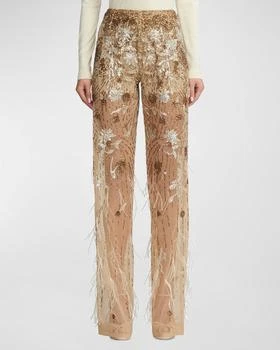 推荐High-Rise Feather Embellished Sheer Straight-Leg Pants商品