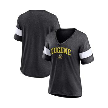 推荐Women's Branded Heathered Charcoal Oregon Ducks Arched City Sleeve-Striped Tri-Blend V-Neck T-shirt商品