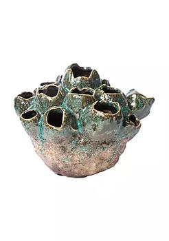 商品Ceramic Cluster Organic Vases with Banded Tapered Bottom Distressed Finish, Moss Green图片
