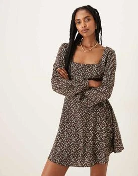 Glamorous | Glamorous long sleeve mini tea dress in brown blue floral,商家ASOS,价格¥349