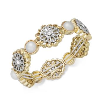 商品Two-Tone Crystal Filigree & Imitation Pearl Stretch Bracelet, Created for Macy's图片