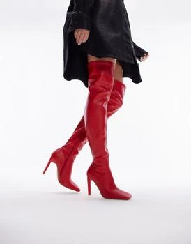 推荐Topshop Wide Fit Mollie over the knee heeled sock boot in red商品