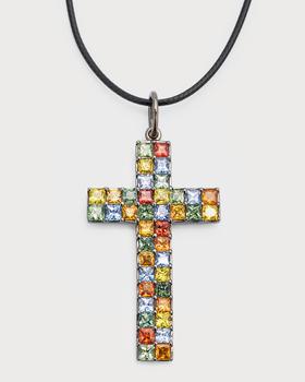 商品18K White Gold Multicolor Sapphire Cross Pendant Necklace图片