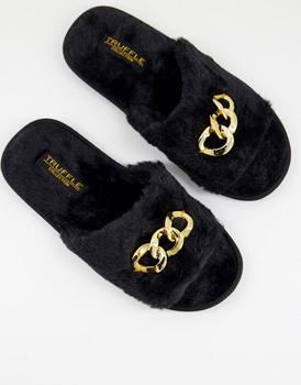 推荐Truffle Collection chain detail fur slippers in black商品