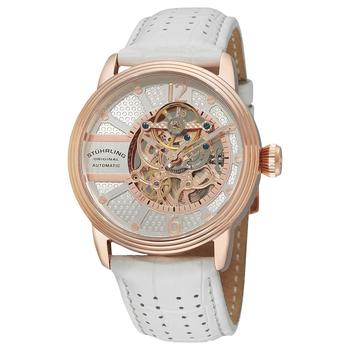 Stuhrling | Stainless Steel Rose Tone Case on White Perforated Alligator Embossed Genuine Leather Strap with Gray Contrast Stitching, Silver Skeletonized Dial, with Rose Tone Accents商品图片,