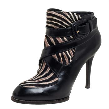 推荐Tod's Black Leather And Calf Hair Zebra Print Ankle Boots 37商品