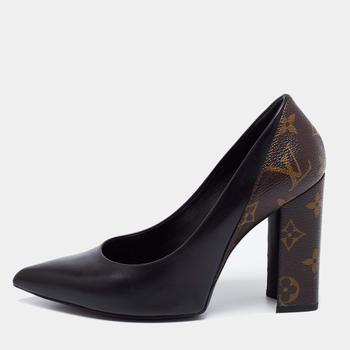 lv高跟鞋, [二手商品] Louis Vuitton | Louis Vuitton Black Leather  Monogram Canvas Pointed Toe Block Heel Pumps size 36.5商品图片 满1件减$100, 满减