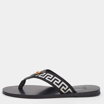 推荐Versace Black/White Leather And Fabric Greca Flat Slide Sandals Size 44商品