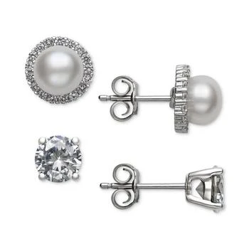 Belle de Mer | 2-Pc. Set Cultured Freshwater Pearl (6mm) & Cubic Zirconia Stud Earrings in Sterling Silver, Created for Macy's 独家减免邮费