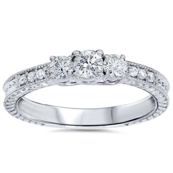商品1/2ct Vintage Three Stone Round Diamond Engagement Ring 14K White Gold图片