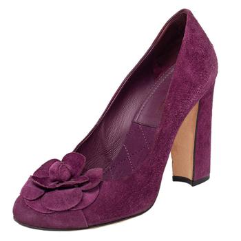 香奈儿山茶花, [二手商品] Chanel | Chanel Purple Suede Camellia CC Block Heel Pumps Size 37商品图片 5.7折, 满1件减$100, 满减
