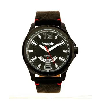 Wrangler | Men's Watch, 48MM IP Black Case, Black Zoned Dial with White Markers and Crescent Cutout , Date Function, Black Strap with Red Accent Stitch Analog, Red Second Hand 