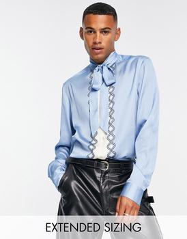 商品ASOS DESIGN regular satin shirt with tie neck in blue border print图片