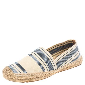 推荐Tory Burch Cream/Blue Striped Canvas Espadrilles Loafers Size 36.5商品
