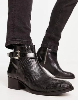 推荐H by Hudson Exclusive Asher cuban strap chelsea boots in black snake embossed leather商品