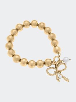 商品Amy Bow & Pearl Charm Ball Bead T-Bar Bracelet In Worn Gold图片