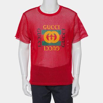 推荐Gucci Red Mesh Logo Printed Crewneck T-Shirt XS商品