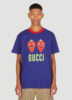 Gucci | Strawberry Print Hollywood T-Shirt in Blue商品图片,