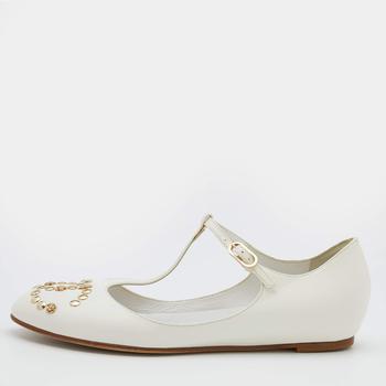香奈儿鞋, Chanel | Chanel White Leather CC Embellished T Strap Ballet Flats Size 38商品图片 