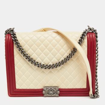 [二手商品] Chanel | Chanel Cream/Red Quilted Leather Large Boy Flap Bag商品图片,6.9折