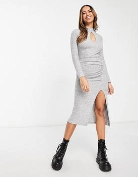 Bershka | Bershka cut out detail ruched midi dress in grey 6折