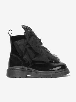 MONNALISA | Girls Patent Leather Tulle Bow Boots in Black 额外8折, 额外八折