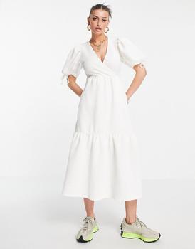 River Island | River Island textured wrap midi dress in white商品图片,7.9折