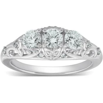 Pompeii3 | 1ct Three Stone Vintage Engagement Unique Ring With Accents 14k White Gold,商家Premium Outlets,价格¥8022