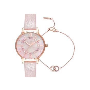 推荐Women's Wonderland Pink Leather Strap Watch 30mm Gift Set商品