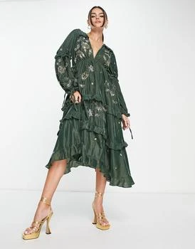 ASOS | ASOS DESIGN ruched tiered midi dress in velvet with floral embellishment detail in green 8折, 独家减免邮费