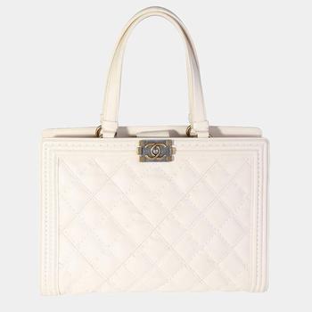 chanel包, [二手商品] Chanel | Chanel White Leather Large Boy Shopping Tote Bag商品图片 