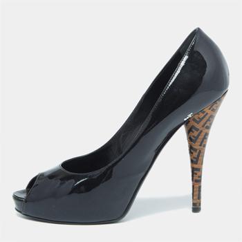 fendi鞋直邮, [二手商品] Fendi | Fendi Black Patent Leather Zucca Print Heel Peep Toe Platform Pumps Size 38.5商品图片 7.4折, 满1件减$100, 满减