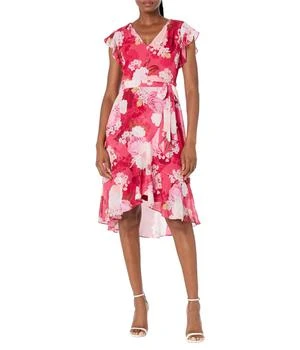 Adrianna Papell | Printed Floral Chiffon Side Wrap Dress with Cascade Ruffle 6.3折, 满$220减$30, 满减