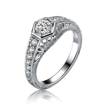 Sterling Silver Art Deco Cubic Zirconia Geometric Engraved Pave Ring product img