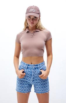 PacSun | Wave Print Girlfriend Denim Shorts商品图片,3折